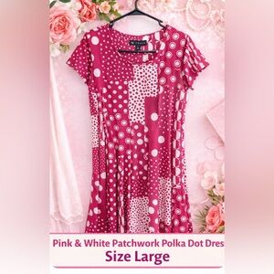 N Touch Pink & White Patchwork Polka Dot Dress Size Large Stretchy Casual